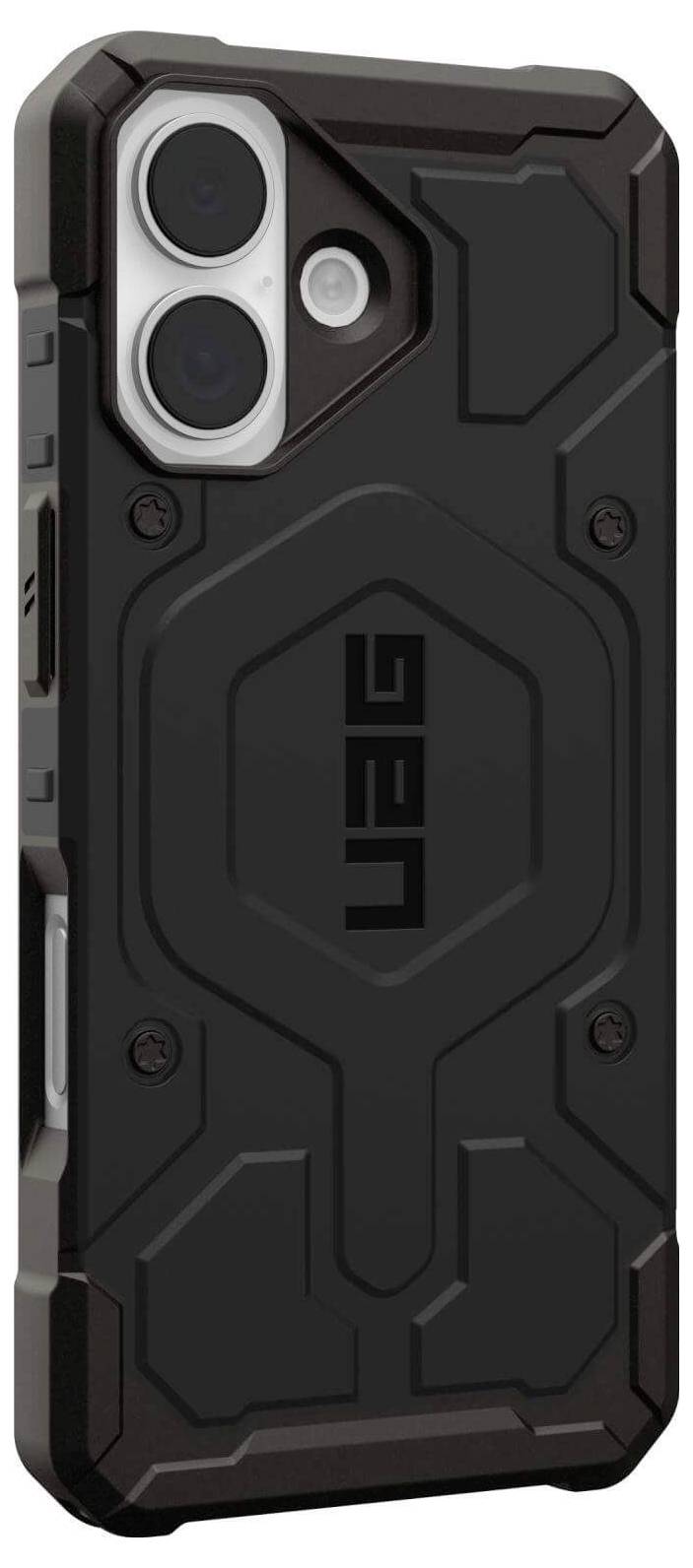 Wytrzymały, czarny futerał na telefon z podwyższonymi krawędziami i geometrycznym wzorem, posiadający duże wycięcia na aparat oraz logo 'UAG' z tyłu.