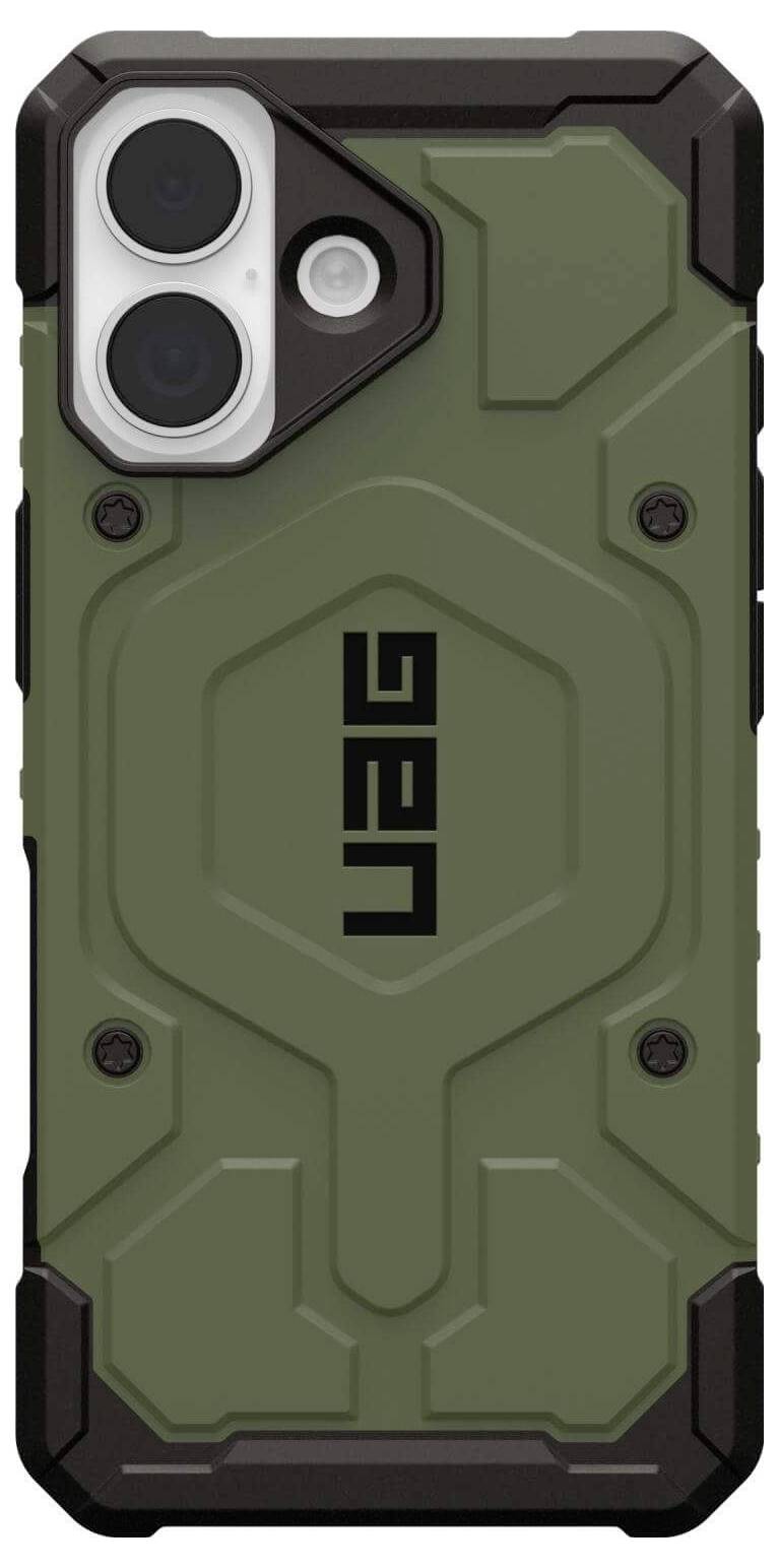 Wytrzymały, zielony futerał na telefon UAG z czarnymi akcentami, zaprojektowany z myślą o kompatybilności z podwójnym aparatem, z logo UAG pośrodku.