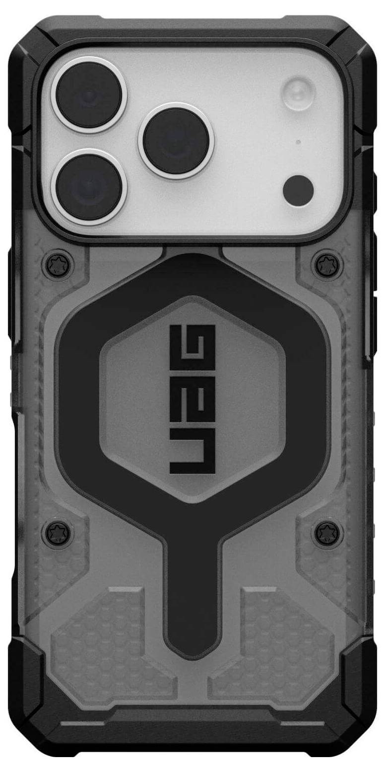 Wytrzymały futerał na telefon z teksturowaną powierzchnią, wyposażony w wzmocnione narożniki oraz projekt zawierający logo UAG.