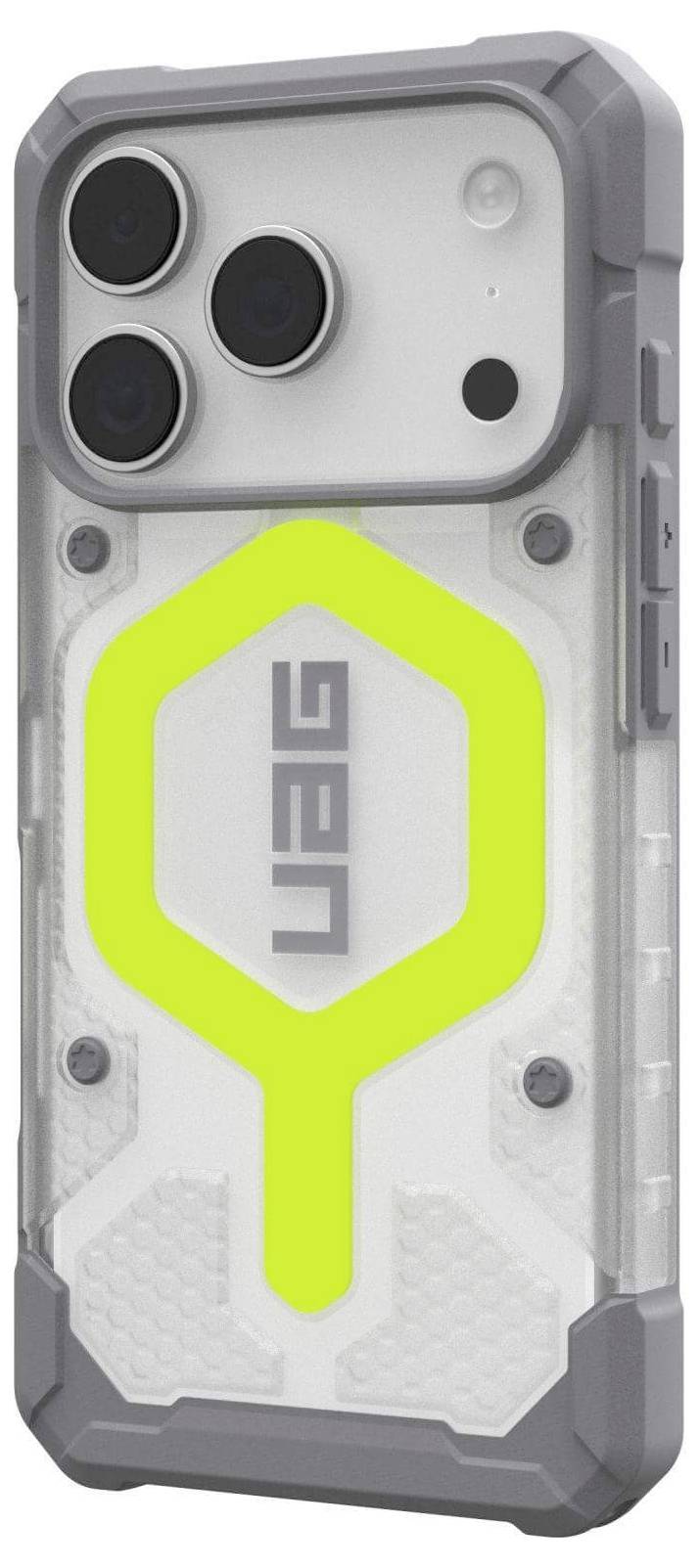 Smartfon z wytrzymałą, przezroczystą obudową z neonowożółtym wzorem i trzema obiektywami aparatu z tyłu.