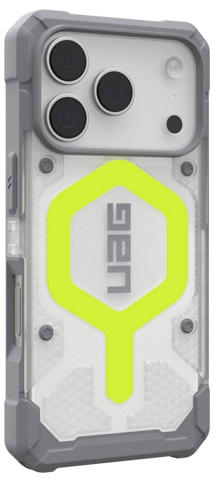 Smartfon z wytrzymałym etui UAG o limonkowym zielonym designie; etui jest ochronne, podkreślające wytrzymałość dzięki wzmocnionym narożnikom.