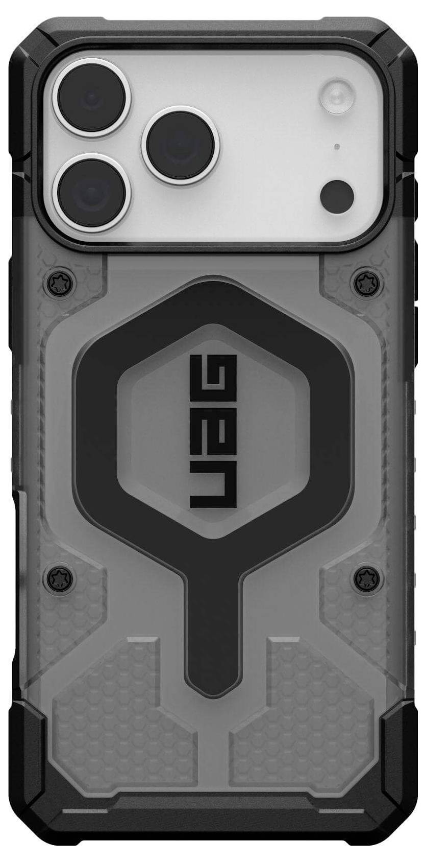 Wytrzymały smartfon z trzema tylnymi aparatami w solidnej, czarno-szarej obudowie ochronnej.