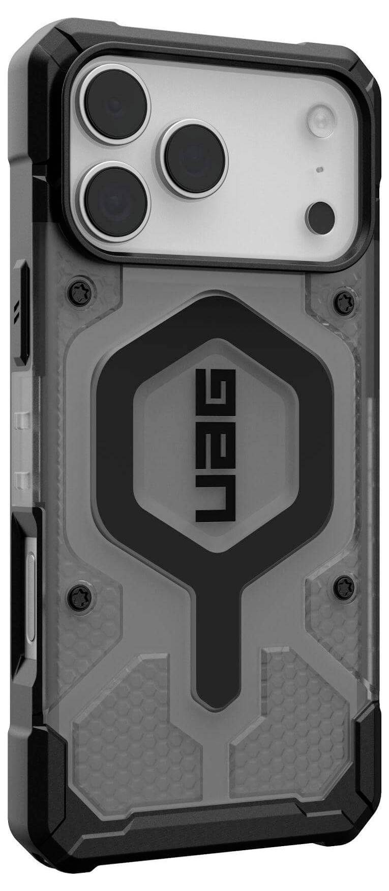 Wytrzymały, przezroczysty pokrowiec na telefon z czarnymi krawędziami i logo 'UAG', z trzema otworami na obiektywy aparatu, przeznaczony do smartfona.