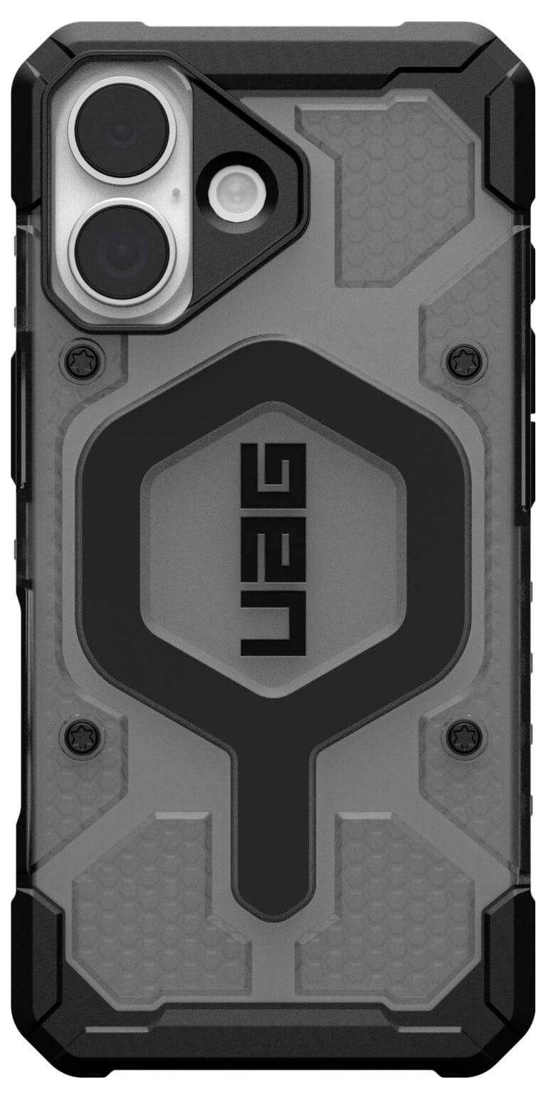 Wytrzymały pokrowiec na telefon w kolorach czarnym i szarym, z heksagonalnym wzorem i wyrazistym oznakowaniem 'UAG' na tylnej stronie, z podwójnymi wycięciami na aparat.