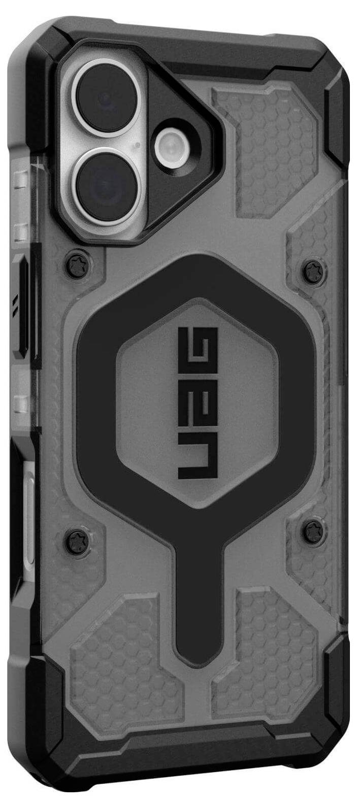 Wytrzymały pokrowiec na telefon z geometrycznym wzorem i podwójnym wycięciem na aparat, zaprojektowany z myślą o zwiększonej ochronie i trwałości.