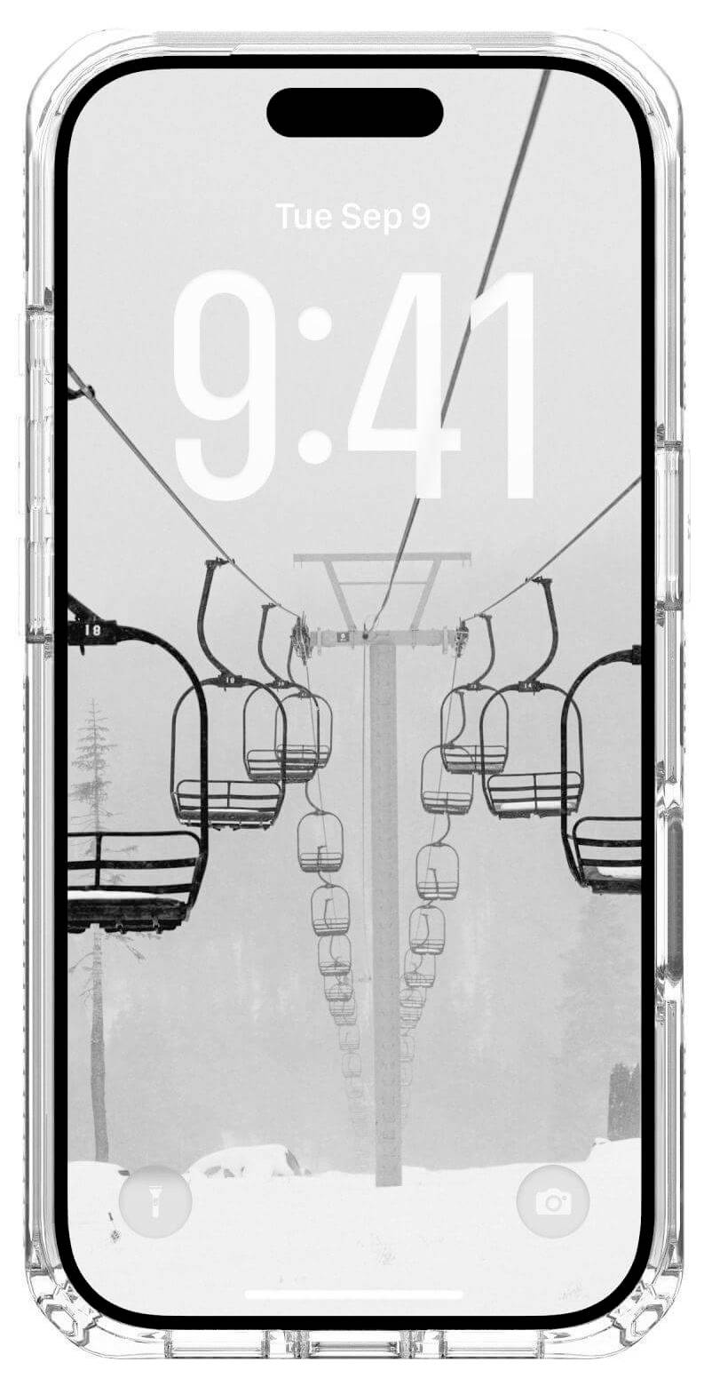 Na ekranie smartfona wyświetla się monochromatyczny obraz pustych krzeseł wyciągu narciarskiego na ośnieżonej górze, z godziną '9:41' i datą 'Wt, 9 wrz'.