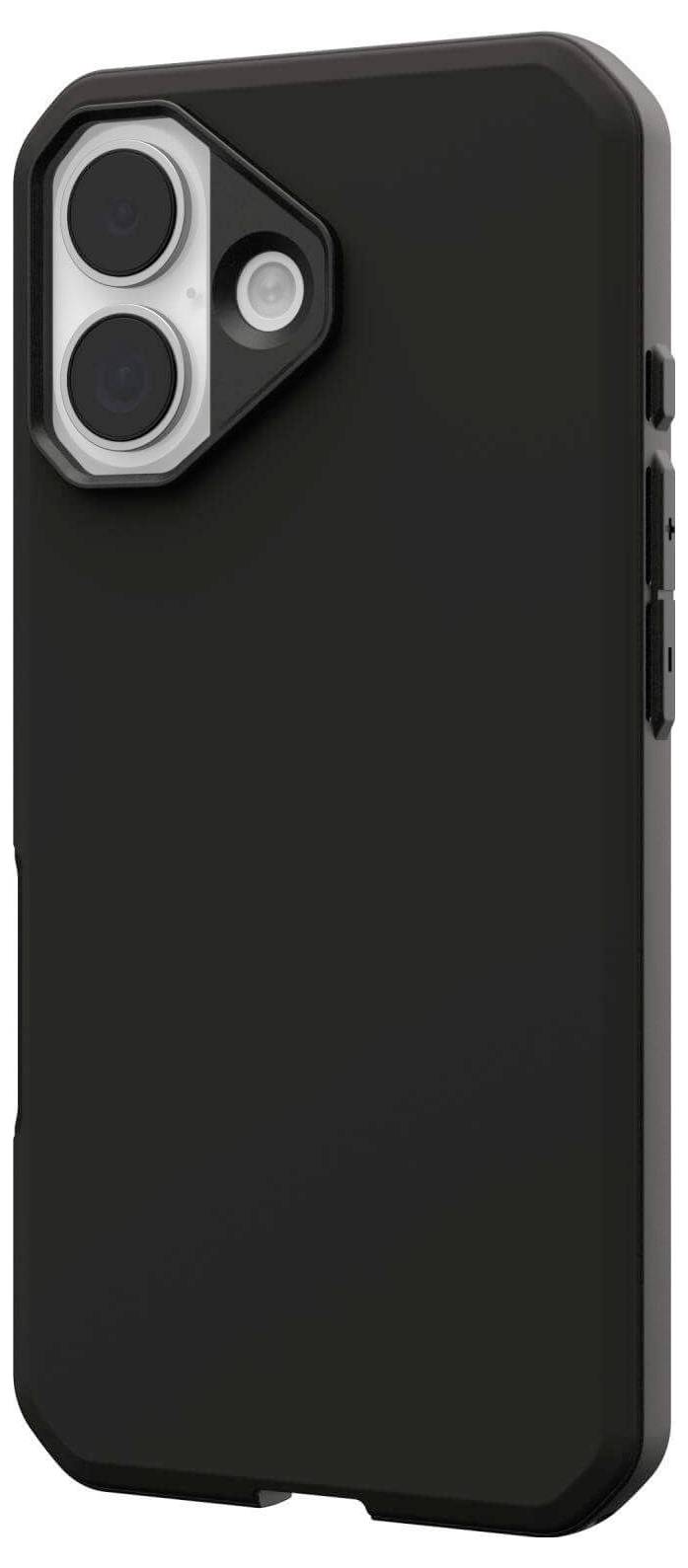 Czarny futerał na smartfona z dwoma wycięciami na aparaty oraz teksturowanym uchwytem po bokach.