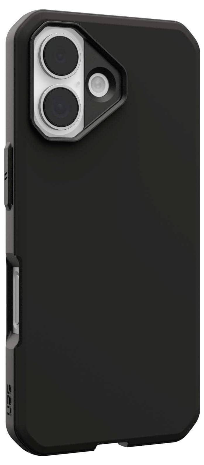 Czarny futerał na telefon z matowym wykończeniem, zaprojektowany, aby pasować do urządzenia z podwójnym aparatem i lampą błyskową, z wycięciem na przyciski.