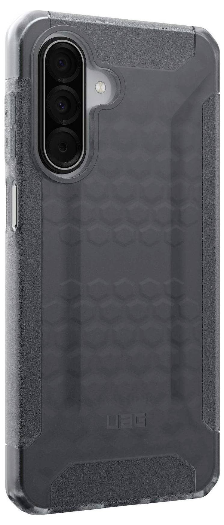 Przezroczysty, wytrzymały pokrowiec na smartfona z fakturowanym tyłem, podkreślający cechy trwałości i ochrony telefonu.