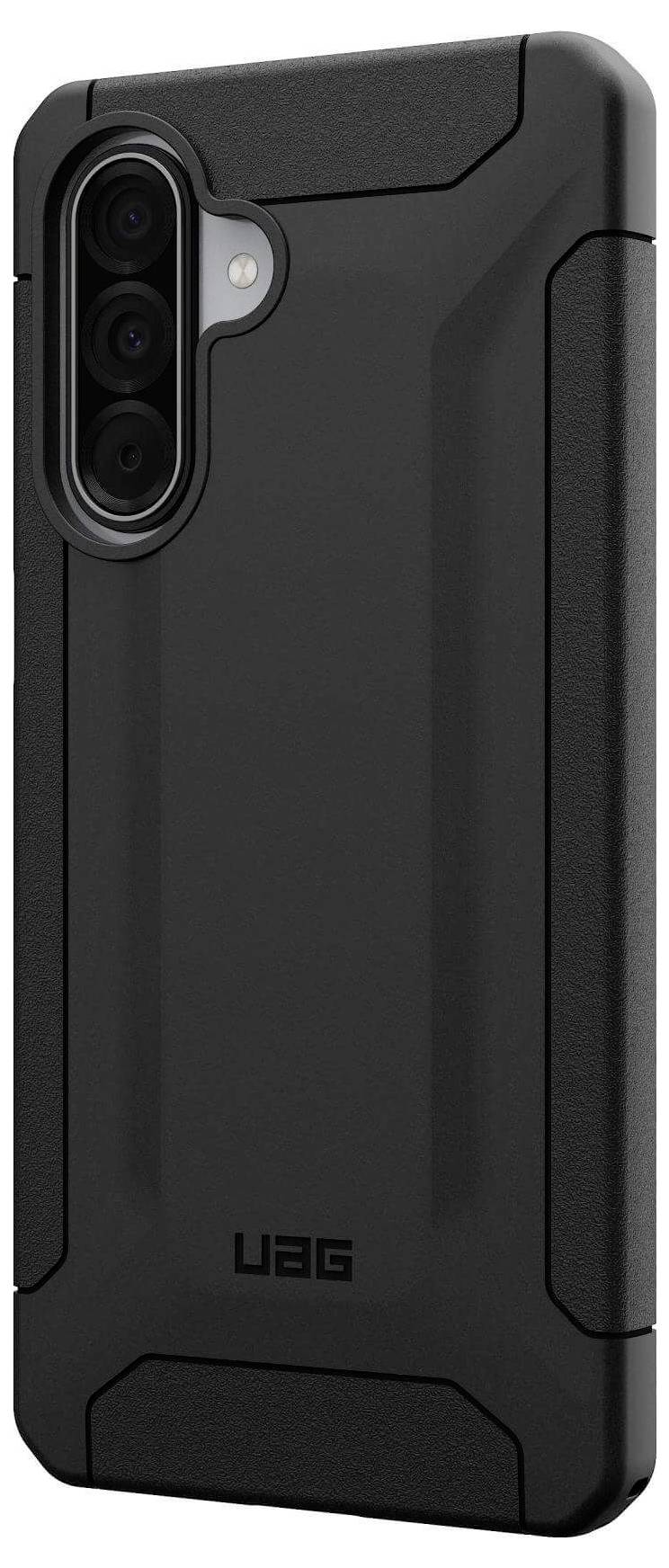 Wytrzymały czarny futerał na smartfona z wzmocnionymi narożnikami i teksturowaną powierzchnią, z literami 'UAG' u dołu.