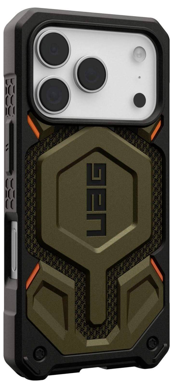 Wytrzymały, czarno-brązowy pokrowiec na telefon z sześciokątnymi wzorami, przedstawiający tył smartfona z trzema obiektywami aparatu oraz logo UAG.