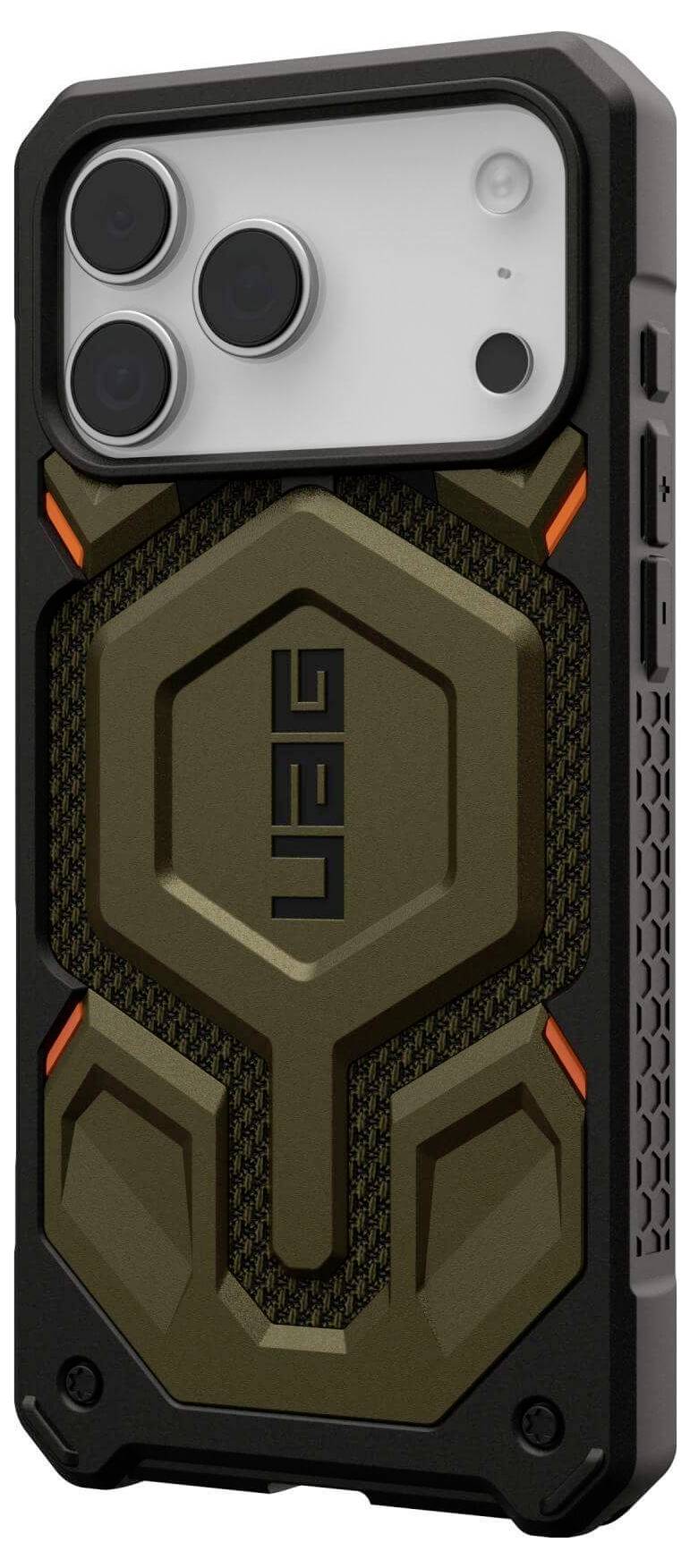 Wytrzymały futerał na telefon o stylistyce wojskowej, z brązowo-czarnym wzorem geometrycznym i akronimem 'UAG' pośrodku.