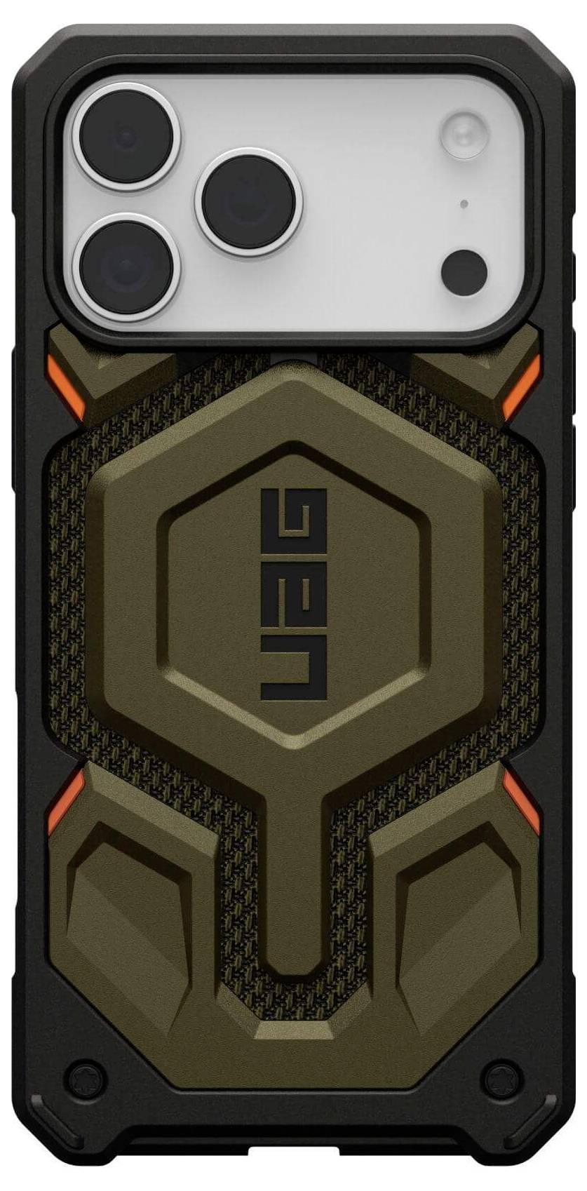 Wytrzymały futerał na telefon w kolorach brązowym i czarnym z trzema wyraźnymi wycięciami na obiektywy aparatu oraz geometrycznymi wzorami, z logo 'UAG' na środku.