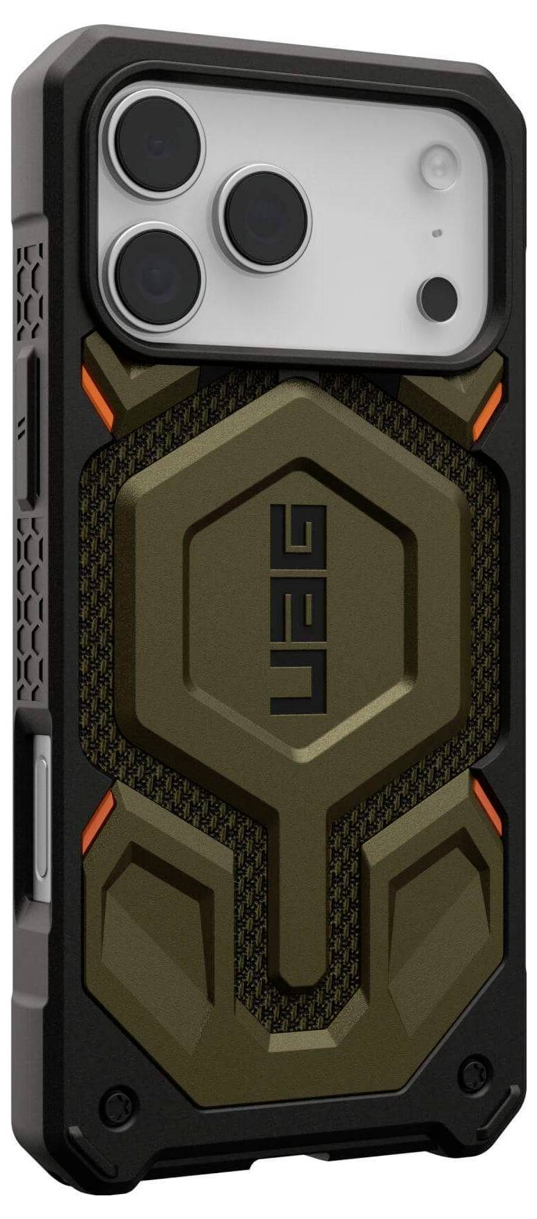 Wytrzymały, brązowo-czarny pokrowiec na smartfona z geometrycznym wzorem i literami 'UAG' pośrodku, zaprojektowany z myślą o trwałości.