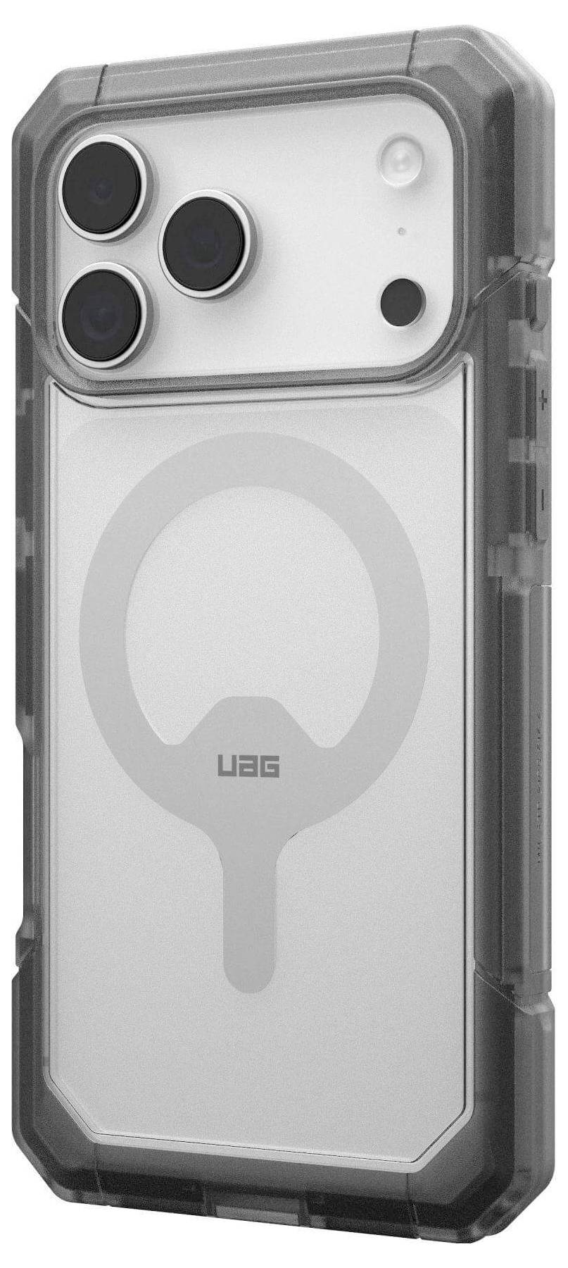 Przezroczysty futerał na telefon z wzmocnionymi krawędziami, ukazujący trzy obiektywy aparatu i posiadający okrągły obszar MagSafe z tyłu.