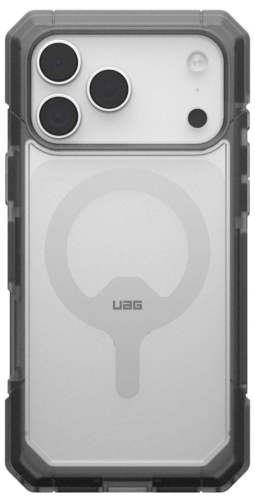 Smartfon w wytrzymałym etui ochronnym UAG z trzema obiektywami aparatu z tyłu, kompatybilny z MagSafe, sfotografowany na białym tle.