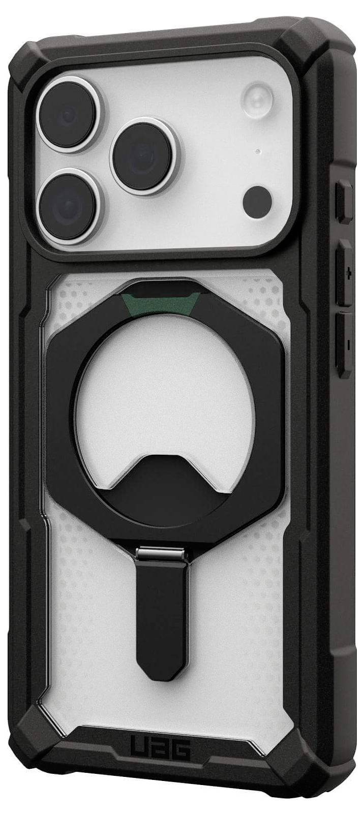 Wytrzymały czarny futerał na telefon z trzema wycięciami na obiektywy oraz dużym, okrągłym pierścieniem uchwytu z tyłu, zaprojektowany z myślą o zwiększonej ochronie i użyteczności.