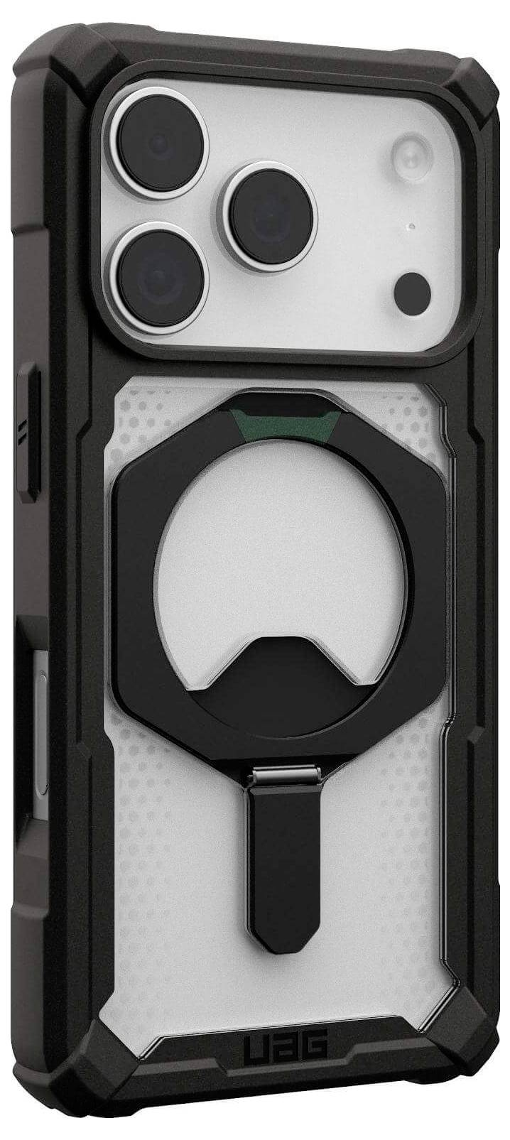 Wytrzymały futerał na smartfona z wbudowanym uchwytem i metalowymi akcentami, zaprojektowany z myślą o ochronie i trwałości.