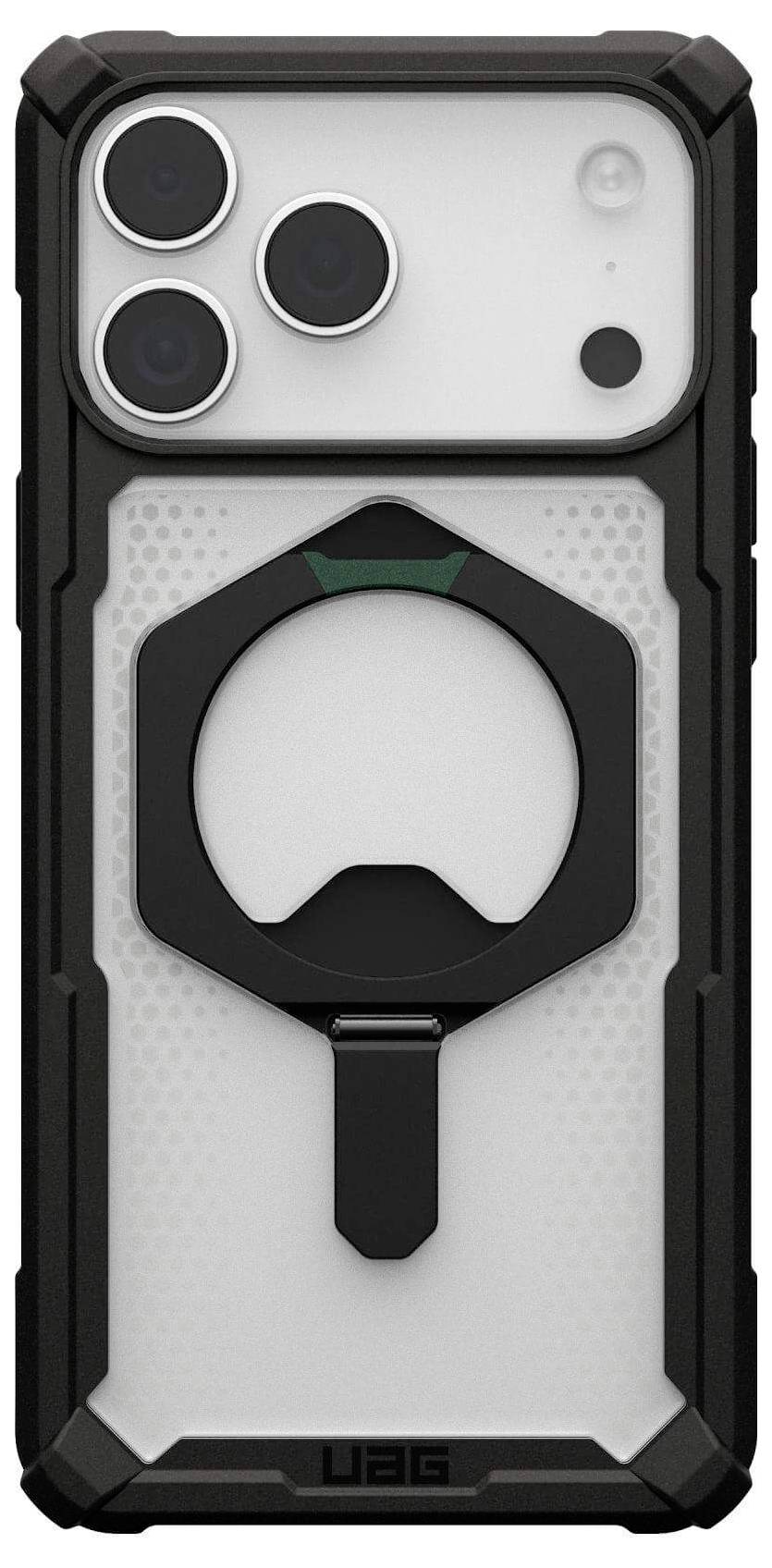 Smartfon z wytrzymałą, czarną obudową, wyposażoną w okrągły pierścieniowy uchwyt z tyłu, służący do lepszego chwytu i pozycjonowania.