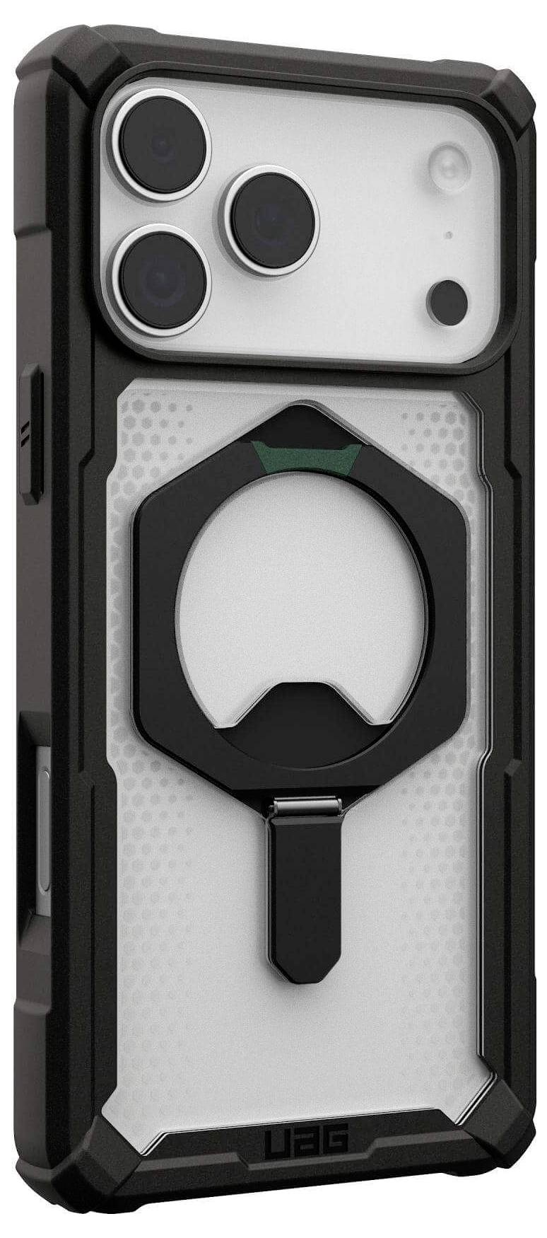 Wytrzymały futerał na telefon z heksagonalnym wzorem, wyposażony w trzy obiektywy aparatu oraz czarny pierścieniowy stojak na tylnej stronie.