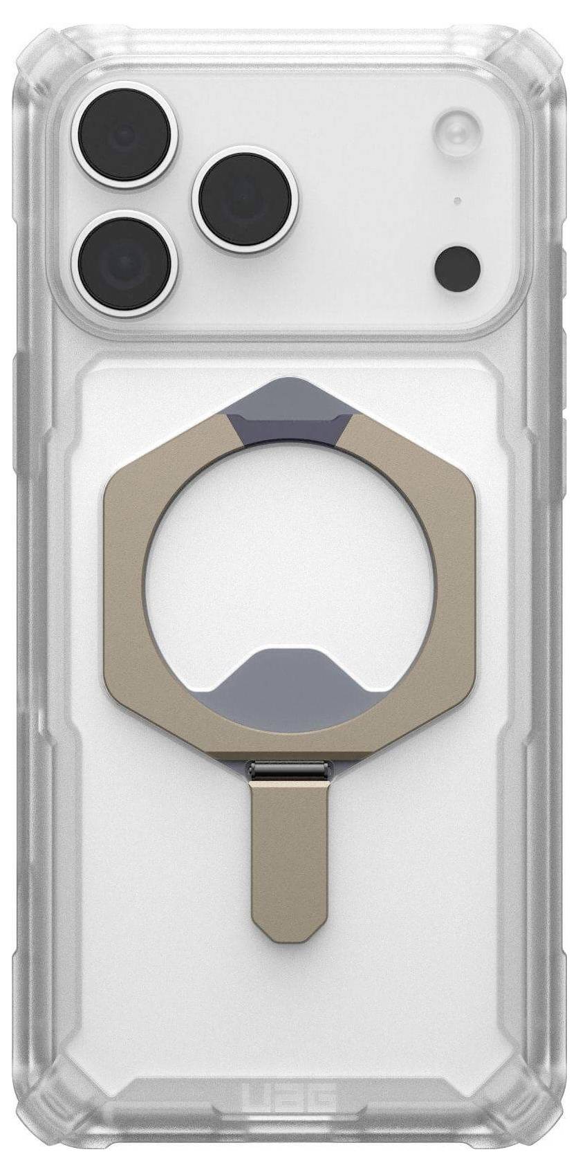 Przezroczyste etui na telefon z brązowym uchwytem pierścieniowym jest przymocowane z tyłu. Trzy obiektywy telefonu są widoczne w lewym górnym rogu.