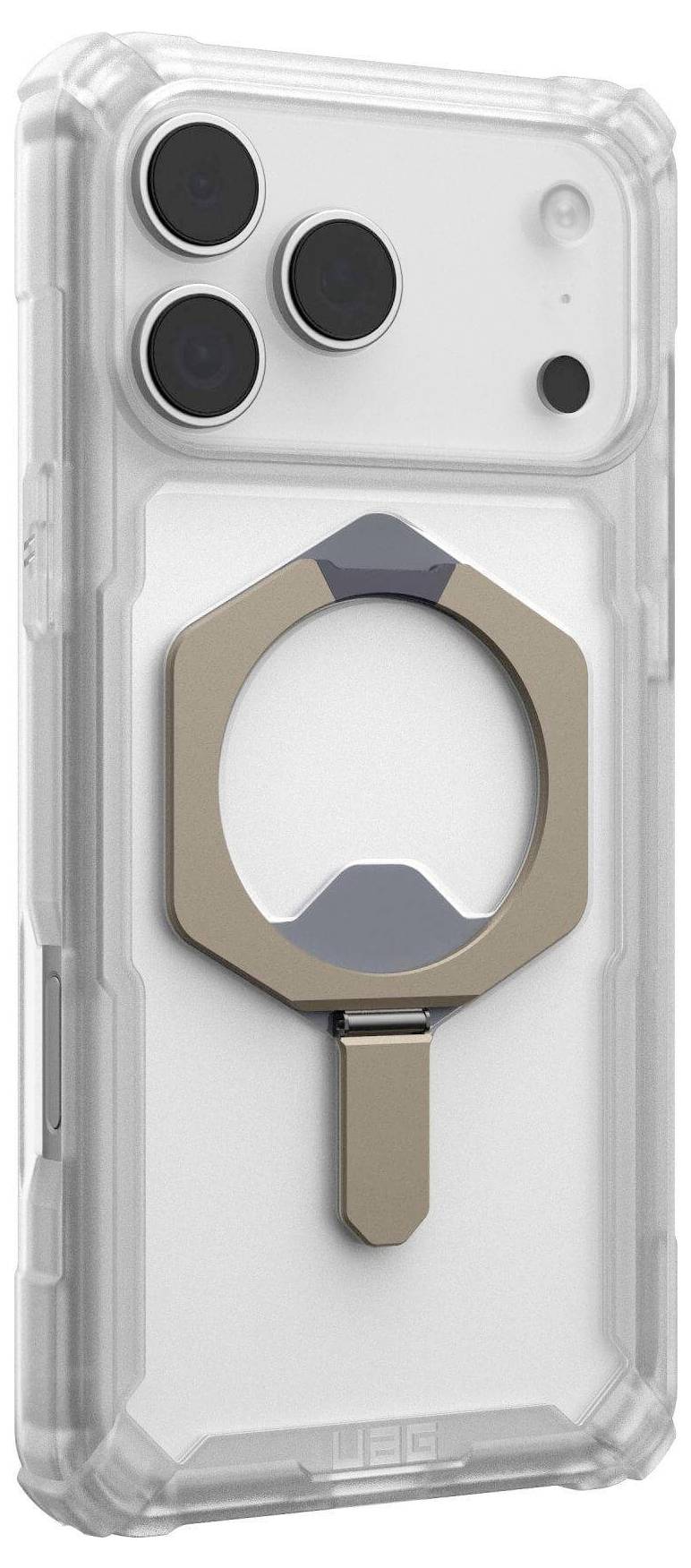 Przezroczyste etui na telefon z wbudowanym metalowym uchwytem pierścieniowym na tylnej stronie, zaprojektowane do smartfona z trzema tylnymi aparatami fotograficznymi.