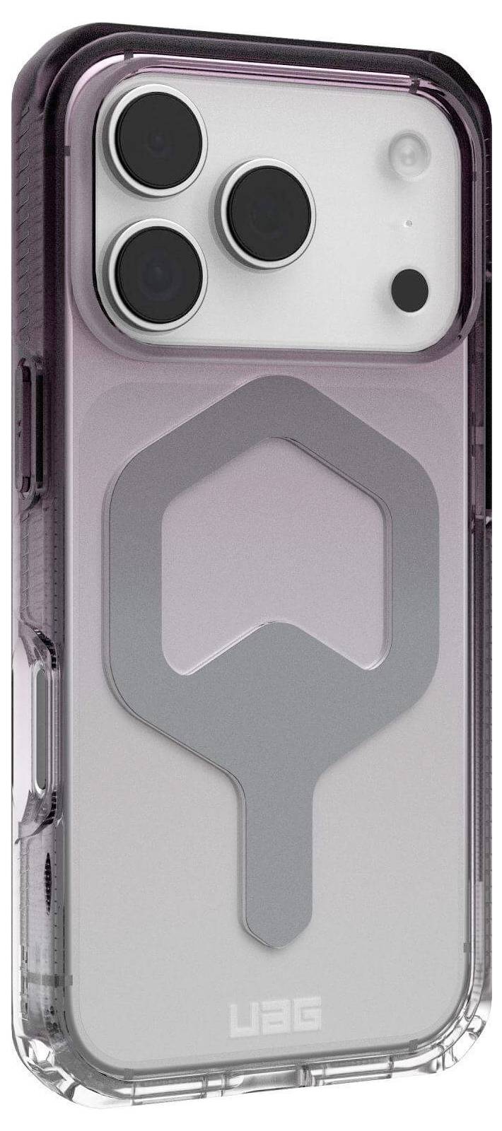 Przezroczysty, wytrzymały futerał na smartfona z wzmocnionymi krawędziami i geometrycznym wzorem na tylnej części, prezentujący trzy obiektywy aparatu.