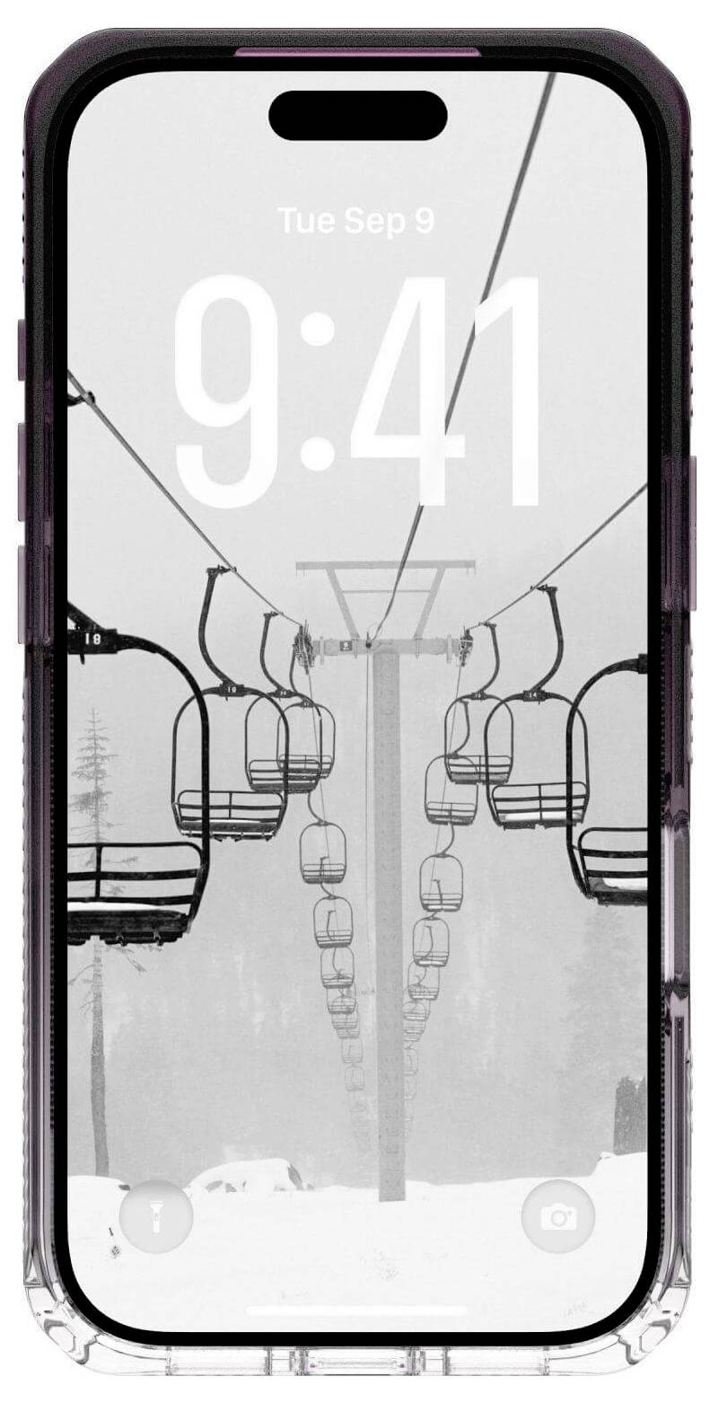 Ekran telefonu wyświetlający czarno-białe zdjęcie pustego wyciągu narciarskiego z ośnieżonymi drzewami w tle. Godzina wskazuje '9:41' we wtorek, 9 września.