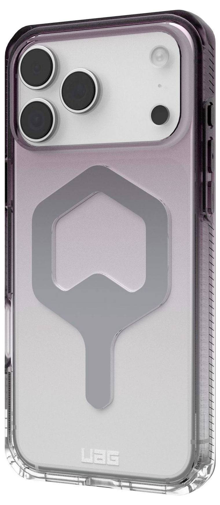 Etui na telefon o przezroczystej konstrukcji ze wzorem geometrycznym, wyposażone w trzy obiektywy aparatu i przycisk z boku.