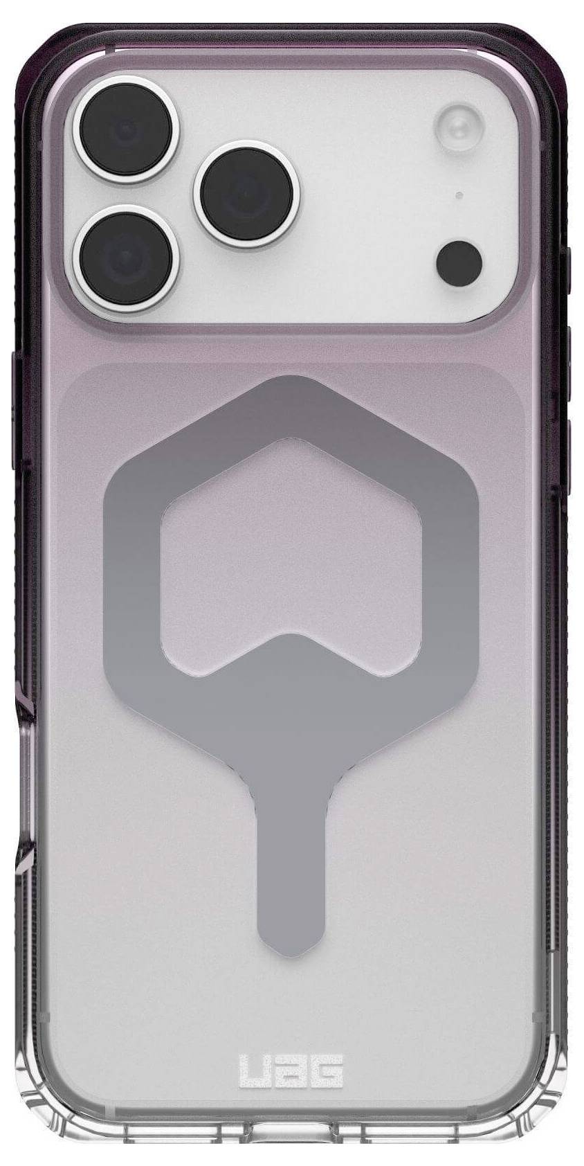 Smartfon w obudowie ochronnej z trzema obiektywami aparatu na białym tle, z szarym wzorem heksagonalnym na etui.