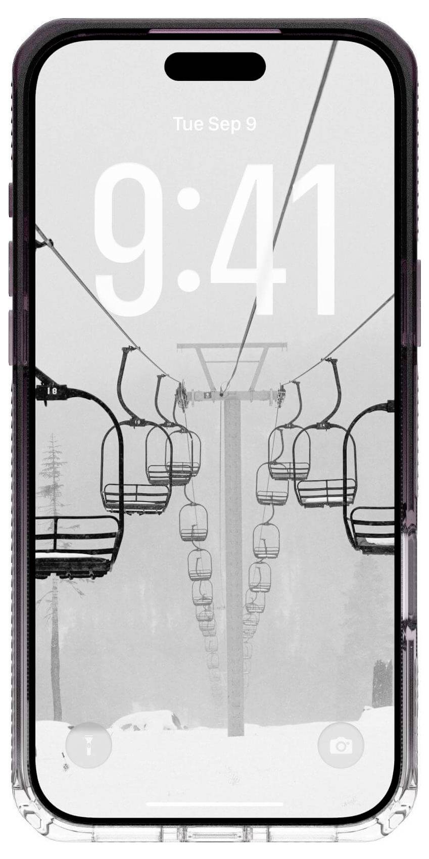 Wyświetlacz smartfona pokazuje czarno-białe zdjęcie pustych krzeseł wyciągu narciarskiego w śnieżnym krajobrazie z godziną '9:41' i datą 'Wt, 9 wrz'.