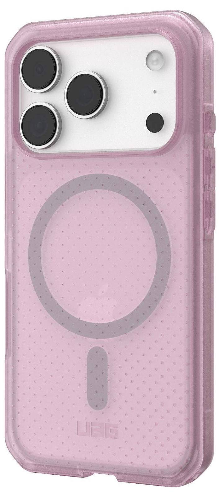 Różowy pokrowiec na smartfona z przezroczystą tylną częścią i podniesionymi krawędziami, posiadający trzy otwory na obiektywy aparatu, zaprojektowany w celu zapewnienia ochrony.