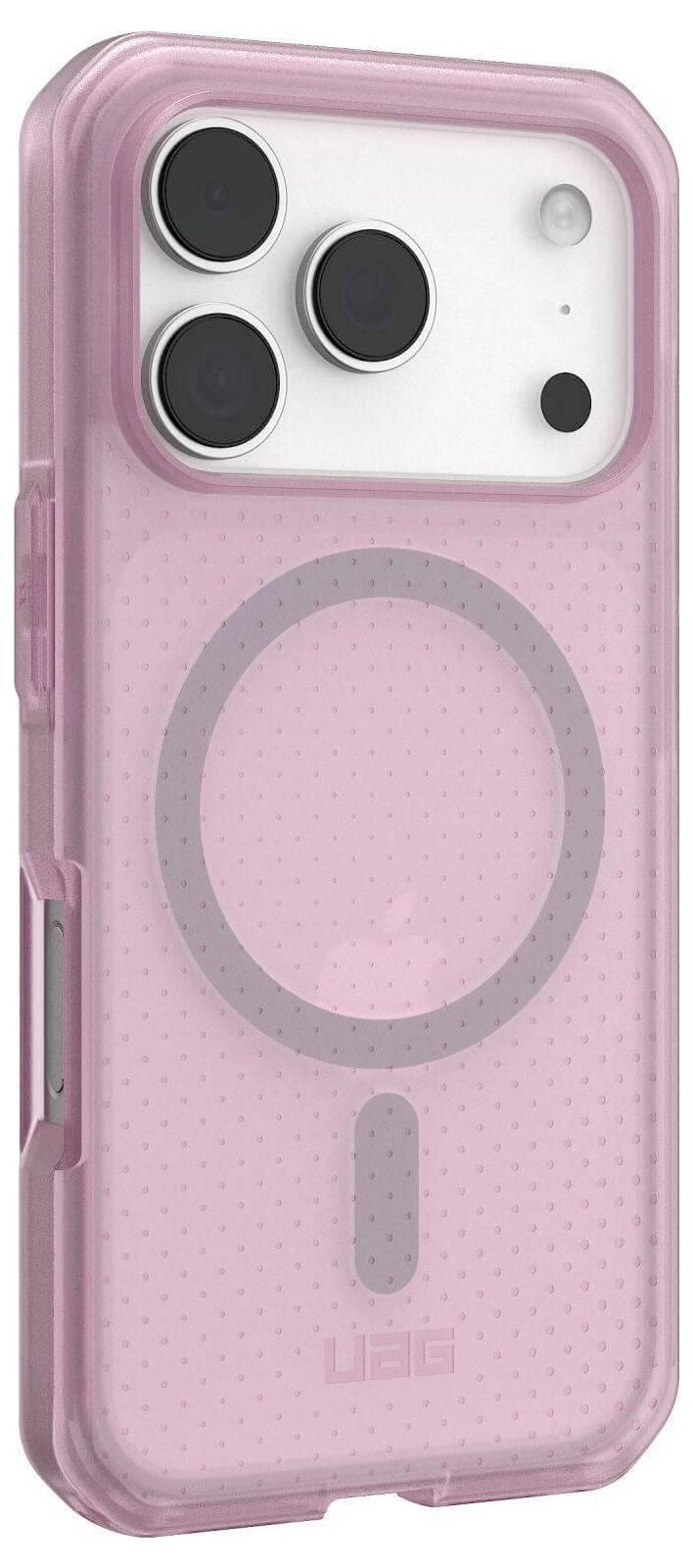 Różowy futerał na telefon z okrągłą, kompatybilną z MagSafe konstrukcją na tylnej stronie, wyposażony w wzmocnione krawędzie i trzy wycięcia na obiektywy aparatu.