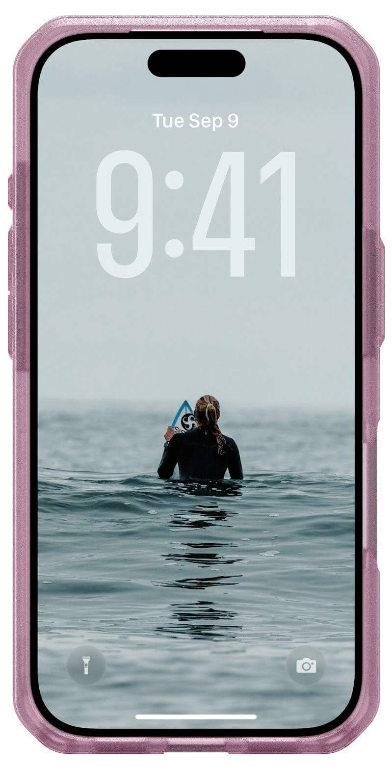 Na ekranie smartfona wyświetlany jest zablokowany ekran z godziną '9:41' i datą 'Wt, 9 wrz'. Na tle obrazka widać osobę surfującą na oceanie.