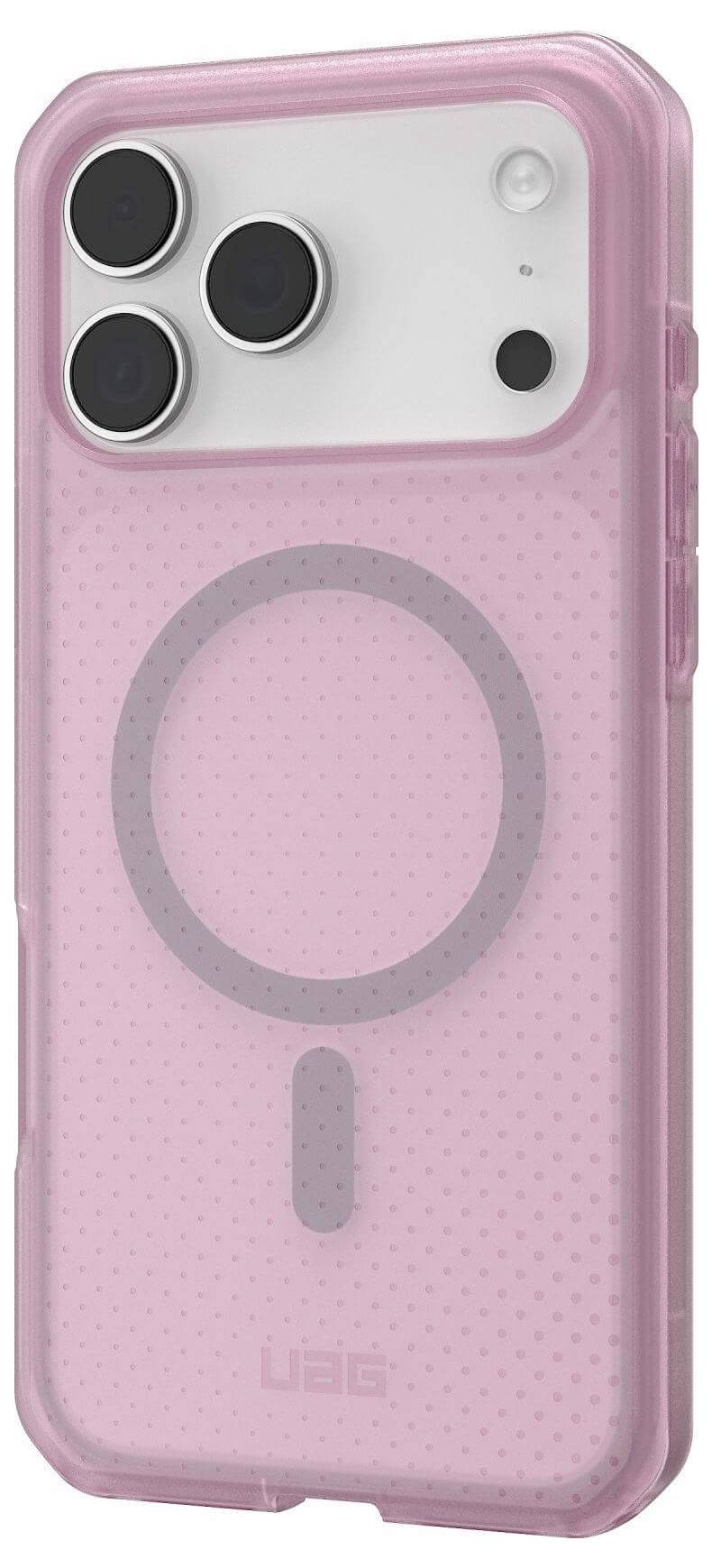 Różowy futerał na smartfona z trzema wycięciami na aparaty i pierścieniem MagSafe, prezentujący przezroczystą teksturę w kropki i wzmocnione rogi ochronne.