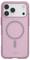 Różowy pokrowiec na telefon z okrągłym wzorem pośrodku, posiadający trzy wycięcia na obiektywy aparatu i logo marki w dolnej części.