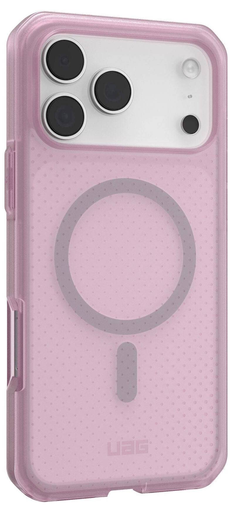 Różowy pokrowiec na telefon z przezroczystą tylną częścią, ukazujący wycięcia na obiektywy aparatu i projekt MagSafe, z teksturowanymi, chwytliwymi bokami.