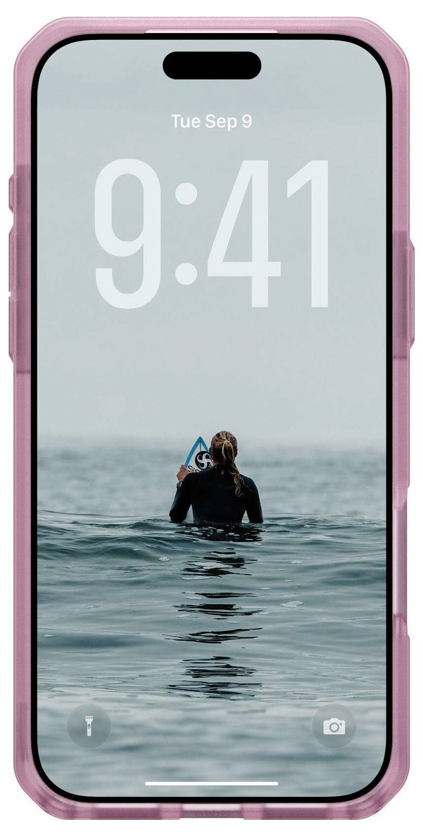 Smartfon z różową obudową wyświetla ekran blokady z napisami 'Wt 9 wrz' oraz '9:41'. Osoba w stroju neoprenowym pływa w oceanie.