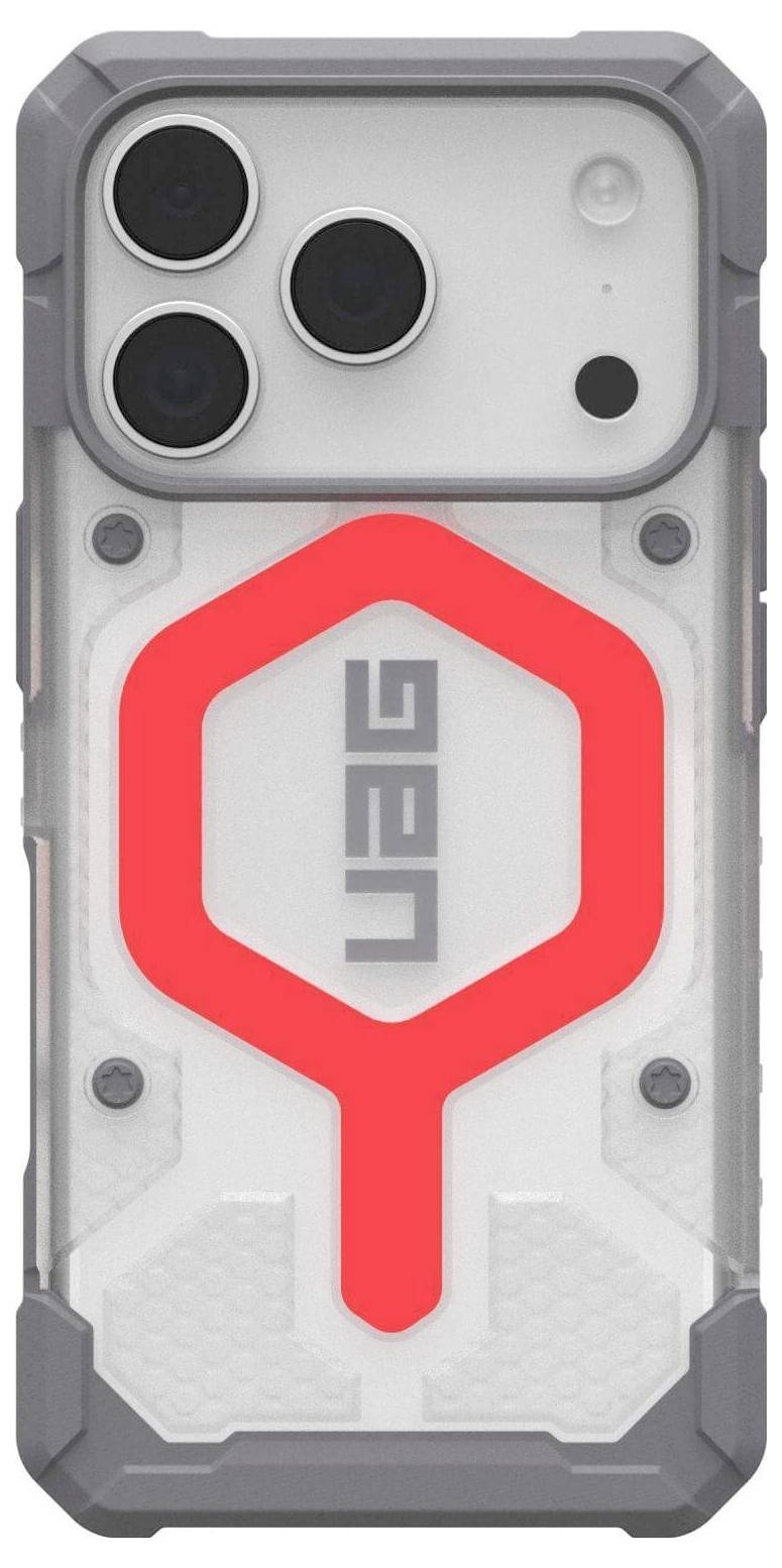 Wytrzymały pokrowiec na smartfona z trzema wycięciami na obiektywy oraz odważnym czerwonym wzorem geometrycznym; zaprojektowany z myślą o ochronie i stylu.