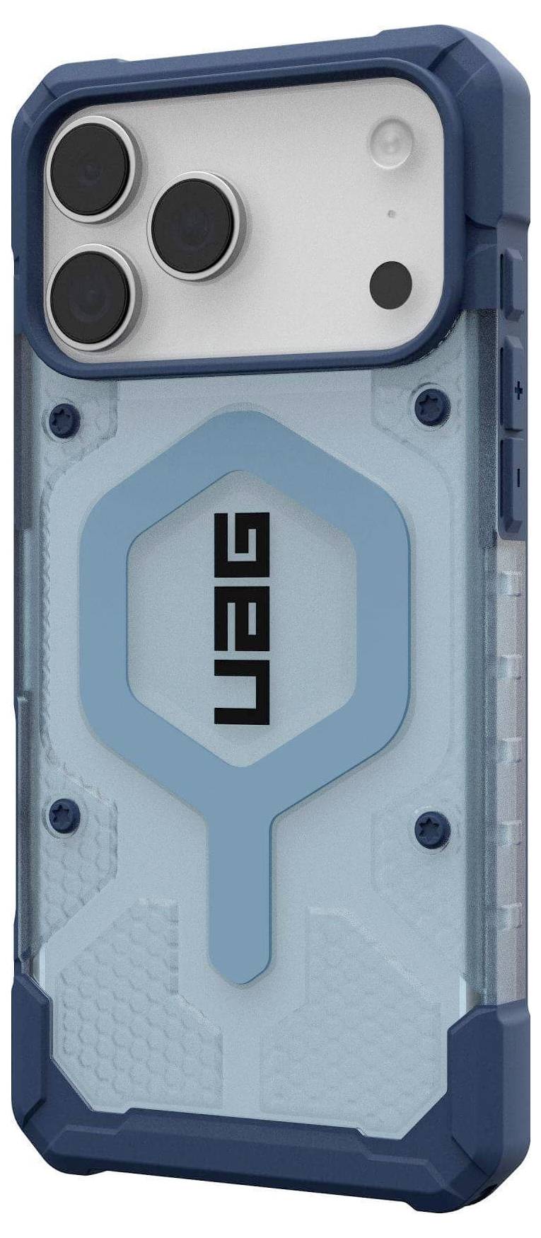 Smartfon w niebieskim etui ochronnym marki 'UAG' z tyłu, z dużymi wycięciami na aparat.