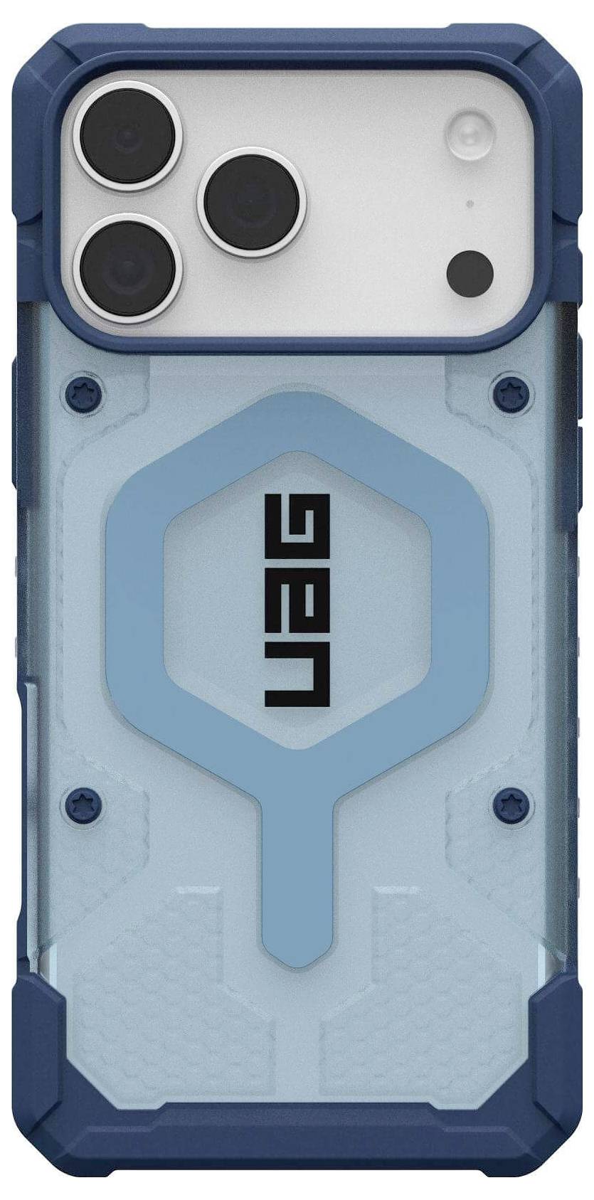 Niebieski i przezroczysty futerał na telefon UAG charakteryzuje się wytrzymałą konstrukcją z wzmocnionymi narożnikami i heksagonalnym wzorem, widoczny na tylnej części telefonu.