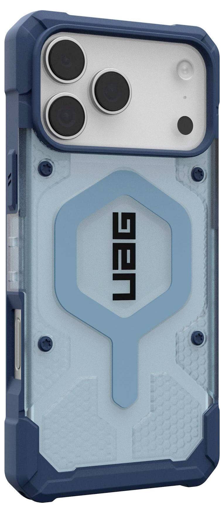 Niebieski i przezroczysty futerał na smartfona o wytrzymałej konstrukcji z logo 'UAG' na tylnej części, z otworami na trzy obiektywy aparatu.