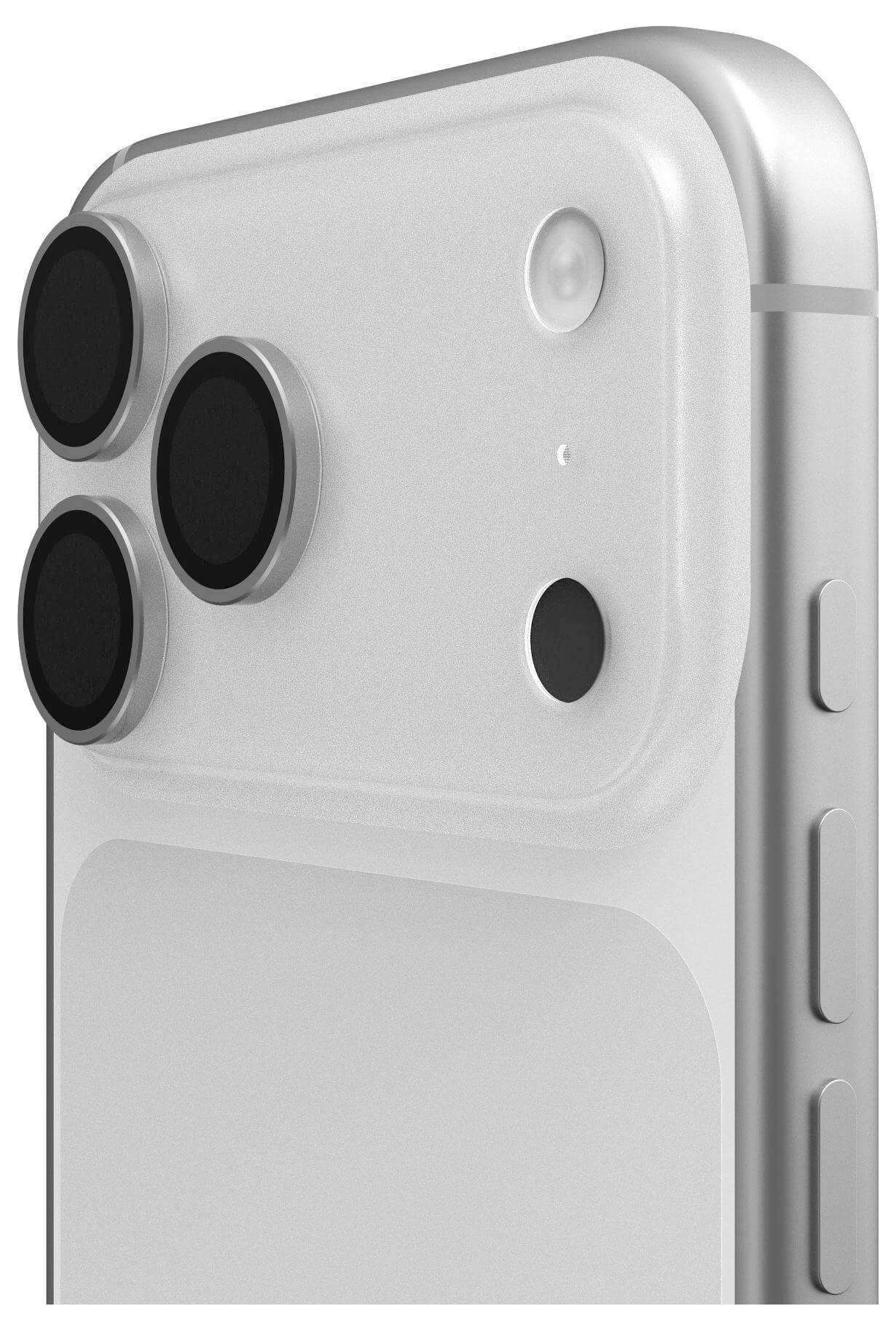 Widok z bliska telefonu pokazujący trzy aparaty tylne i lampę błyskową w lewym górnym rogu, z zaokrąglonymi krawędziami i przyciskami głośności z boku.