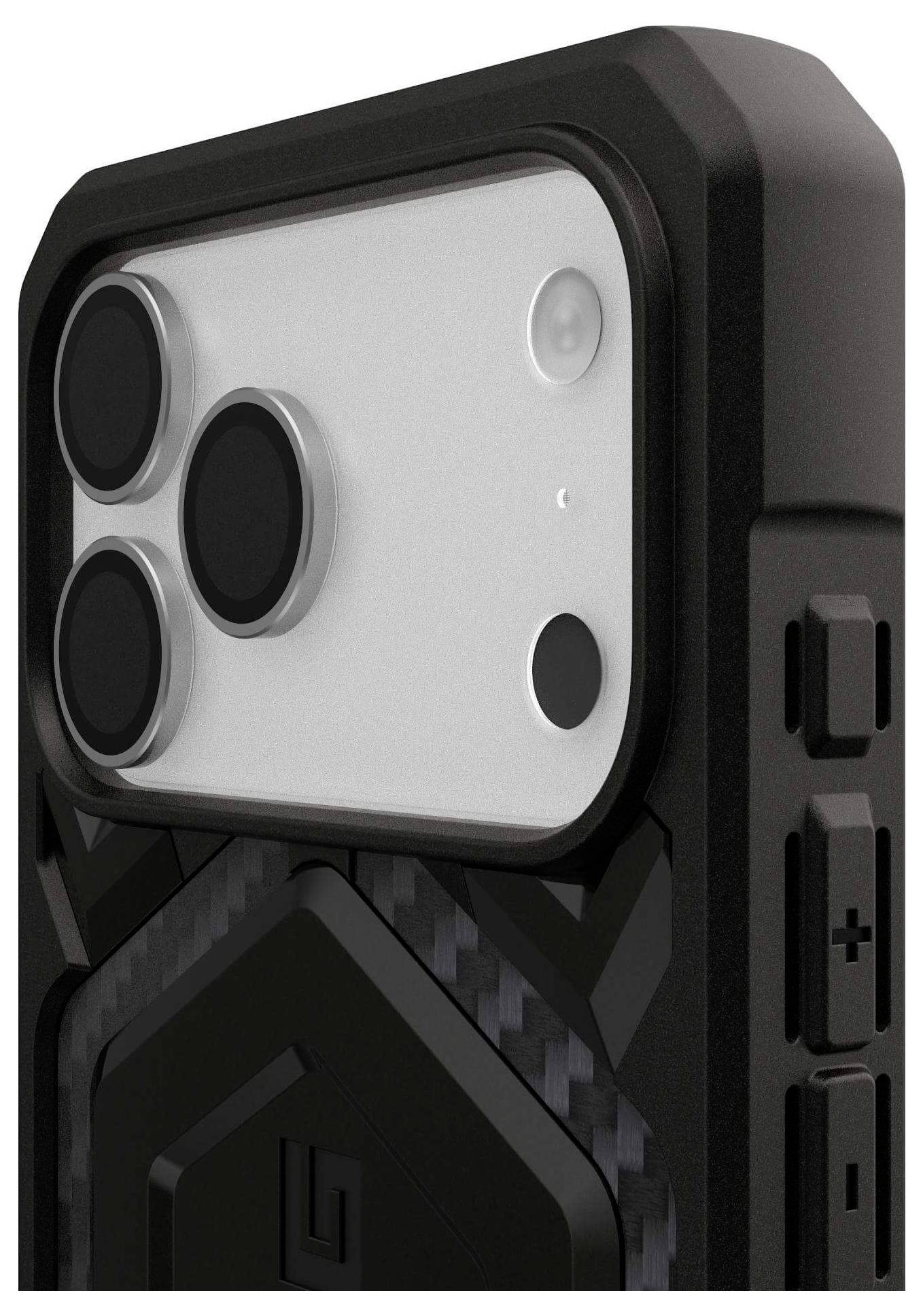 Moduł kamery smartfona w wytrzymałej czarnej obudowie z trzema obiektywami i lampą błyskową, z widocznymi przyciskami sterującymi z boku.