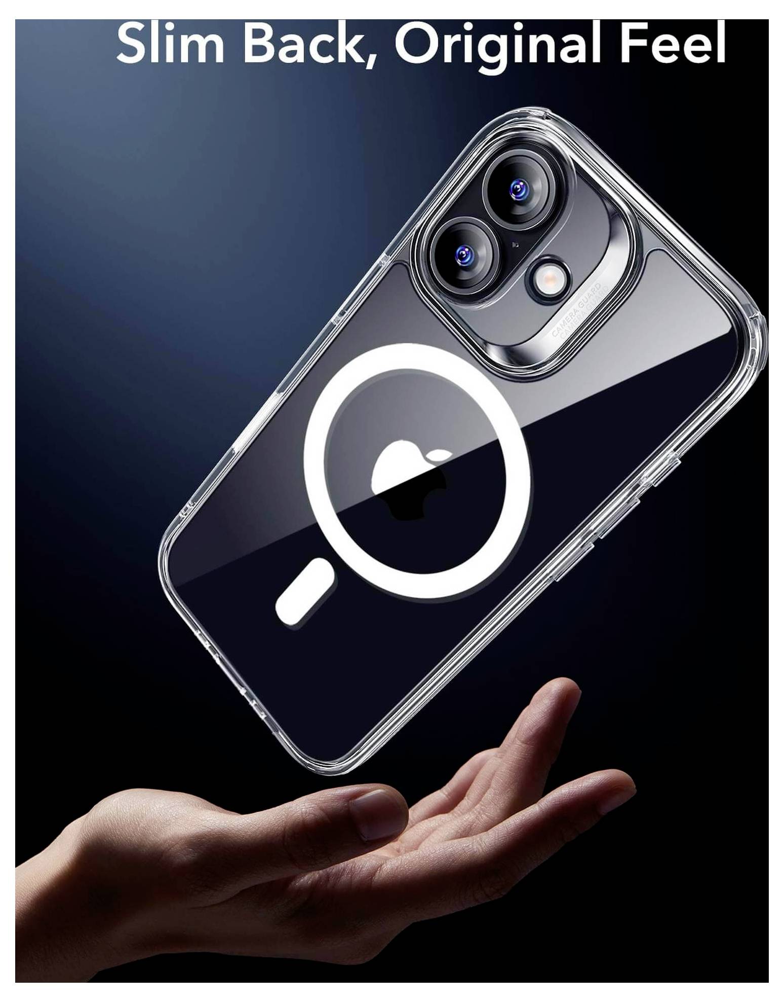 Przezroczysty pokrowiec na telefon z kompatybilnością MagSafe, unoszący się nad otwartą dłonią. Tekst u góry głosi: Smukły Tył, Oryginalny Wygląd.
