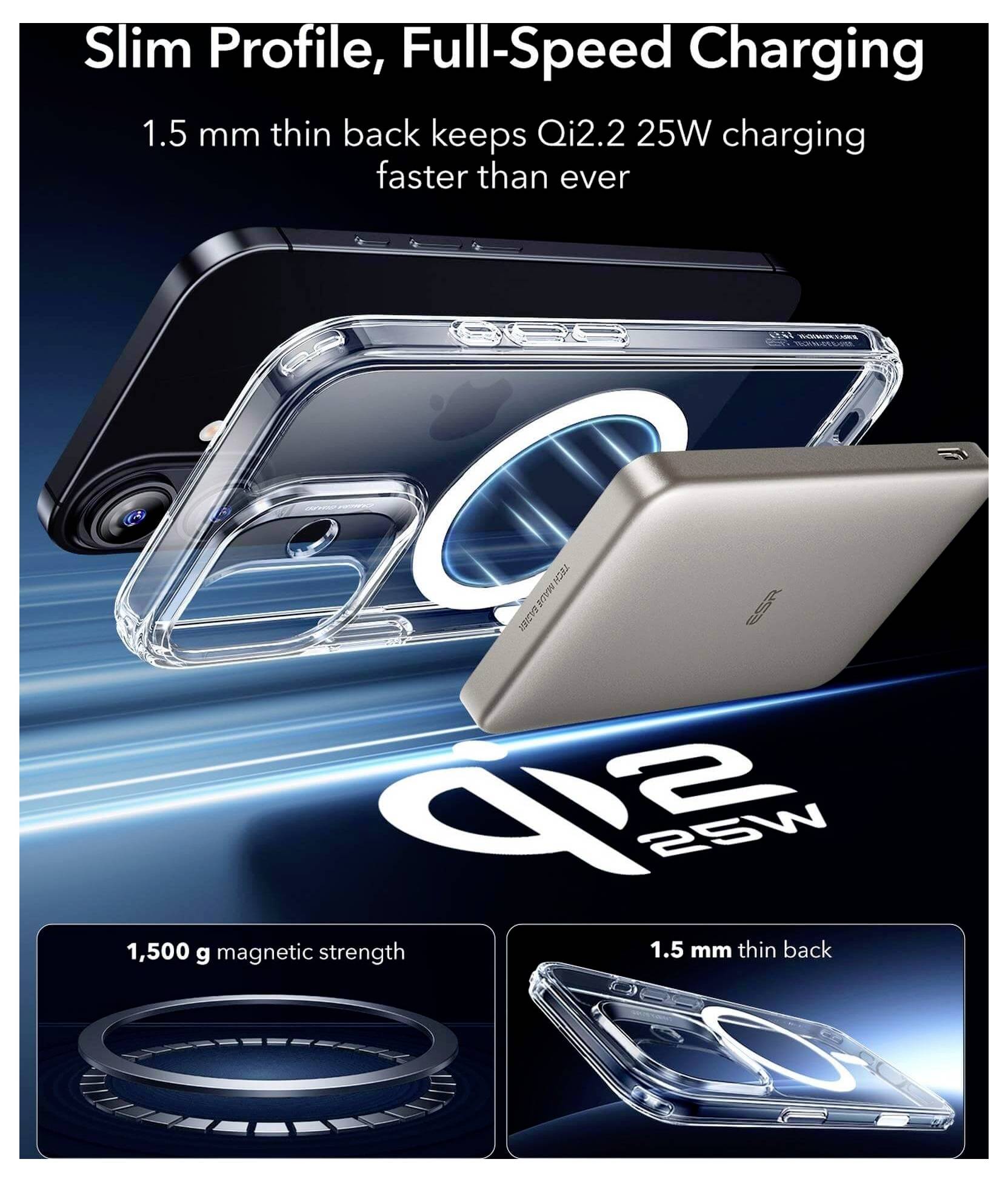 Ładowanie bezprzewodowe 'Qi2.2 25W' z cienką, 1,5-milimetrową tylną obudową do szybkiego ładowania pełną mocą. Wyposażone w siłę magnetyczną 1500g i kompatybilność z obudową.