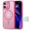 Na tylnej stronie smartfona przedstawiono różowy futerał na telefon z pierścieniem MagSafe, z wycięciami na podwójny aparat.