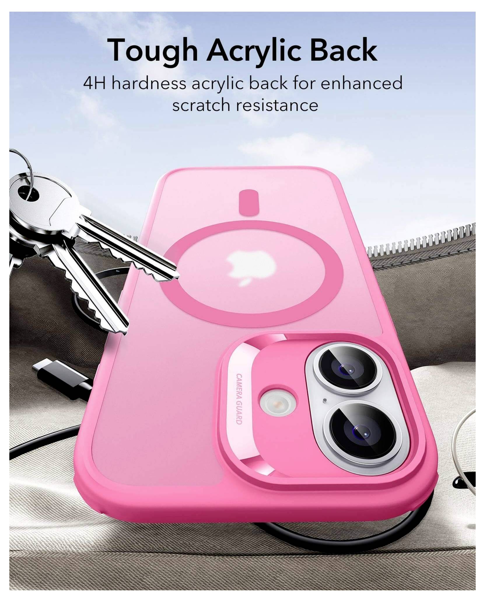 Różowy pokrowiec na telefon z twardą akrylową tylną częścią zapewniającą odporność na zarysowania, z miejscem na klucze na górze, wyposażony w podwójny wycięcie na aparat.