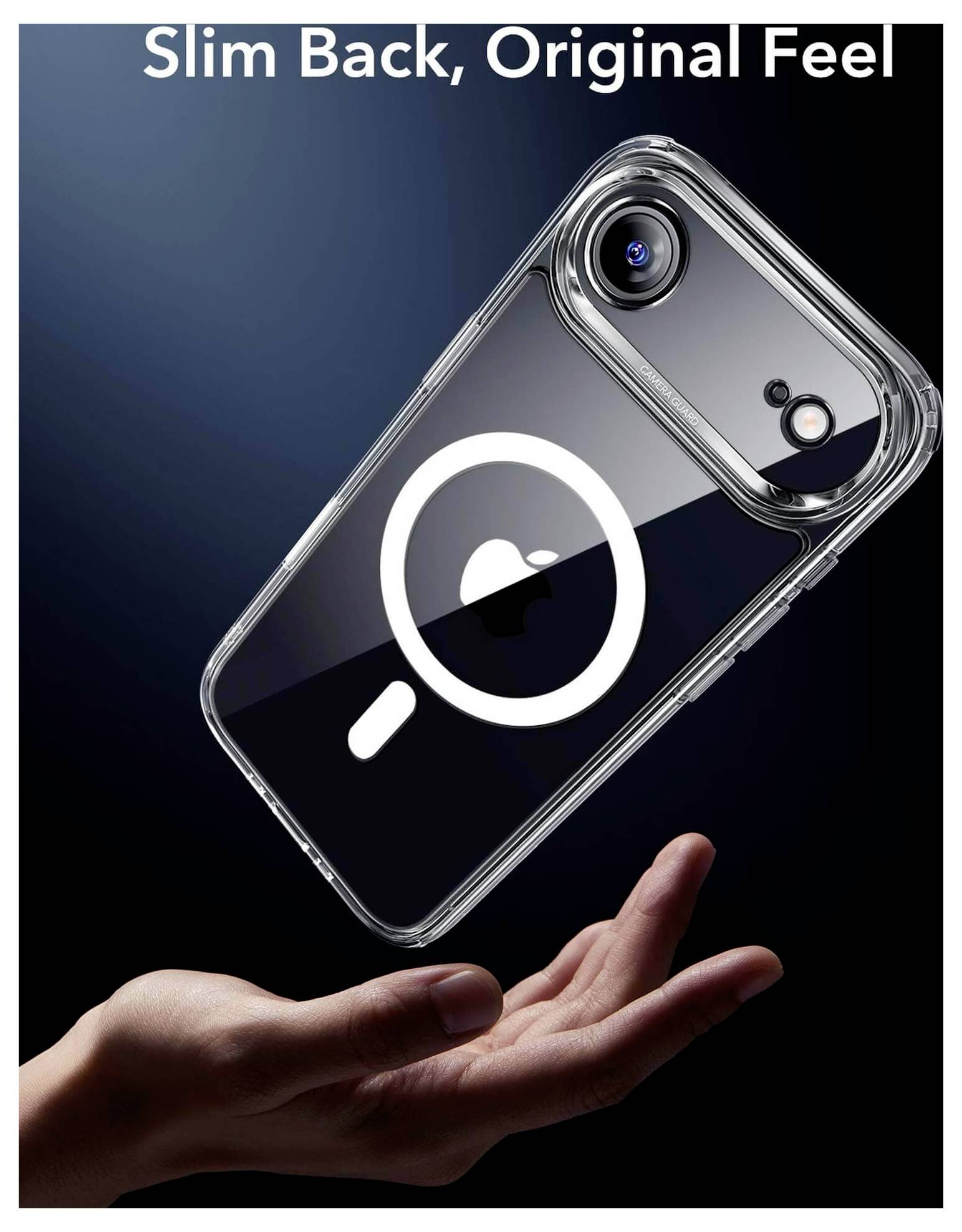 Osoba trzyma smartfon w przezroczystym etui z ikoną lupy. Tekst powyżej głosi: 'Smukła tylna część, Oryginalny wygląd'.