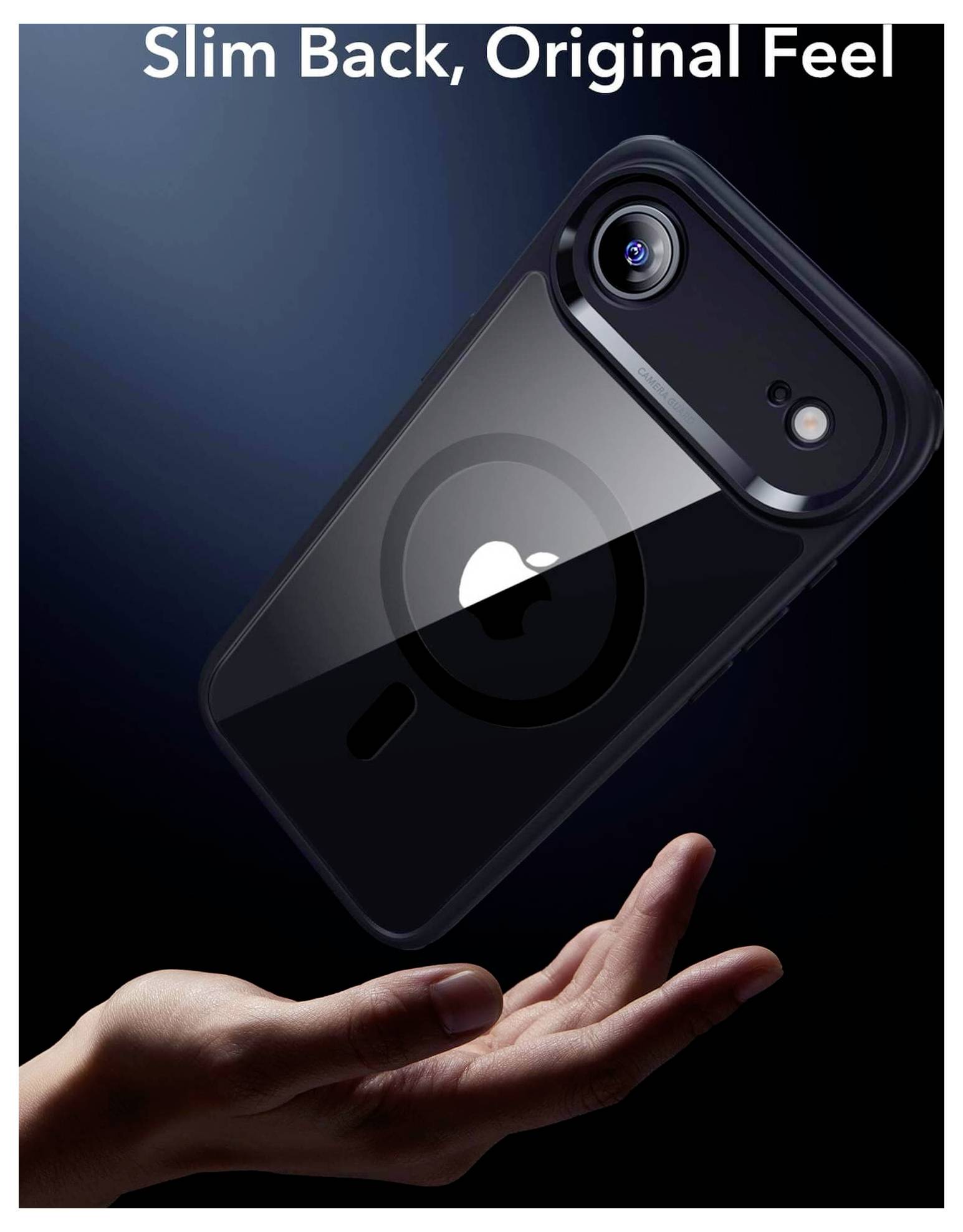Ręka trzyma czarny pokrowiec na telefon z przezroczystą tylną częścią, odsłaniającą projekt telefonu. Powyżej widnieje tekst: 'Smukły tył, oryginalna forma.'